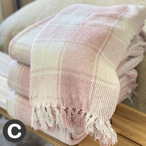 100% Cotton Blush Pink White Tartan Check Large Sofa Bed Throw Blanket Fringed
