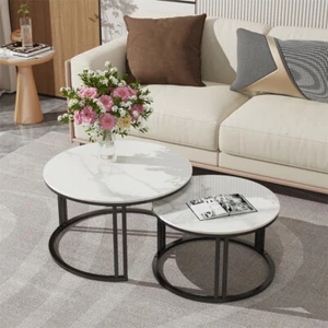 Round Nesting Coffee Table Set of 2 Stacking Living Room Tables Marble Furniture - Picture 1 of 22