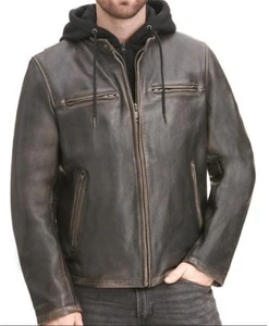 Mens Vintage Hooded Distressed Black Winter Leather Jacket - Removable Hood - Picture 1 of 9
