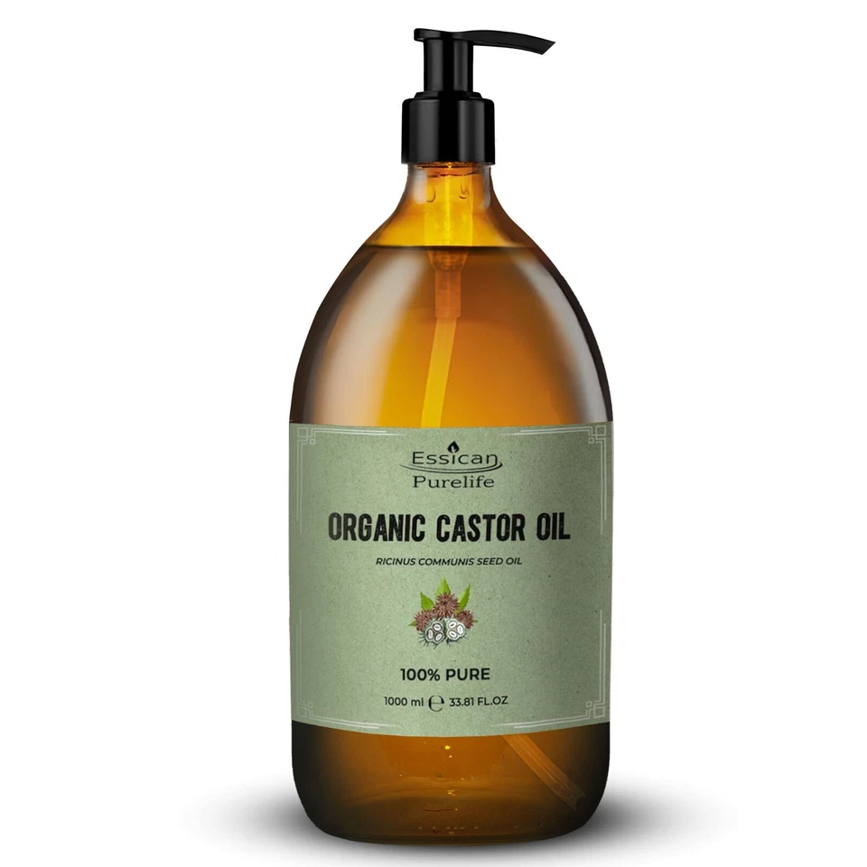 ESSICAN PURELIFE Organic Castor oil 1000ml -Glass Bottle + Pump, 100% Cold pressed, Hexane Free