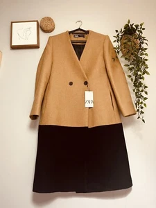 ZARA COLOUR BLOCK CAMEL WOOL COAT SIZE S - Picture 1 of 6