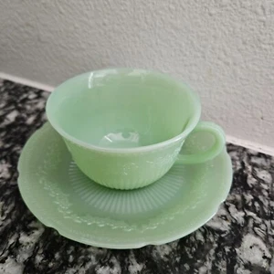 Fire-King Jadeite Alice Cup & Saucer Set Anchor Hocking Jade-ite Green Vintage - Picture 1 of 10