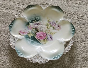 Piatto RS Prussia bordo turchese accenti bordo oro rosa viola fiori smerlati - Foto 1 di 6