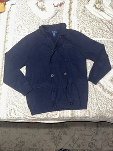 PAUL FREDRICK MEN'S Blue CAMEL COTTON & WOOL DOUBLE BREASTED SWEATER SIZE L - Picture 1 of 8