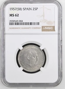 1957 (58) SPAIN 25 PESETAS - NGC CERTIFIED MS 62 - FREE U.S. / $12.50 WORLD SHIP - Picture 1 of 2