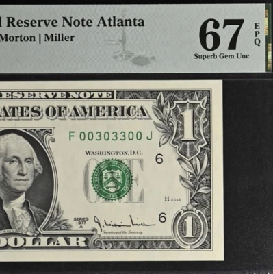 1977A $1 Federal Reserve Note - PMG 67EPQ - Top Pop 1/0 - Fancy Serial 00303300 - Image 1 of 4