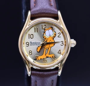 Vtg ARMITRON GARFIELD The Cat Watch Women Gold Tone Leather NEW BATTERY & BAND - Picture 1 of 10