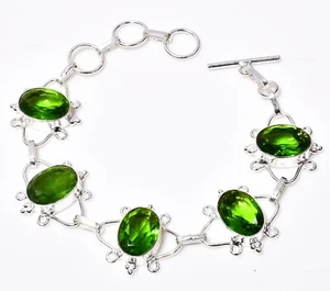 Green Peridot Gemstone Jewelry 925 Sterling Silver Chain Bracelet For Women - Picture 1 of 6