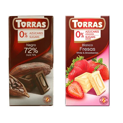 Torras zuckerfrei Schokolade 2x 75g Probierset Zartbitter & Weiße mit Erdbeere
