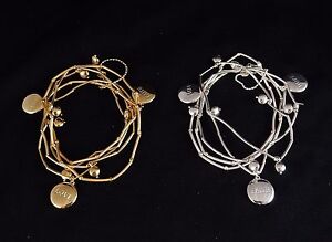 5-Band Tube Bead Bracelet, 3 Charms, "Faith, Hope, Love", White or Yellow Brass