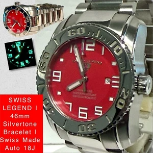 46mm Auto Swiss Made | Red Dial | Silvertone Bracelet | SWISS LEGEND Mens Watch - Picture 1 of 12