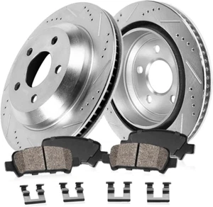 Rear Drilled Slotted Brake Disc Rotors and Ceramic Brake Pads + Hardware Brake K - Picture 1 of 5