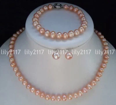 Natural 7-8mm Pink Akoya Real Pearl Necklace Bracelet Earrings Jewelry Set 18'' - Image 1 of 4