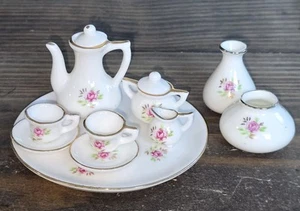 Vintage gold trimmed 10 piece fine Porcelain mini tea set + 2 matching Pieces - Picture 1 of 4