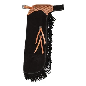 YOUTH CHINKS Gunpowder BLACK Suede with Matching Fringe Tooled Medium Leather - Picture 1 of 2