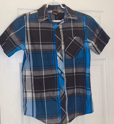 Tony Hawk Azul Negro Cuadros Niños Jóvenes Talla L Camisa Abotonada Manga Corta Patín Foto 1 de 4
