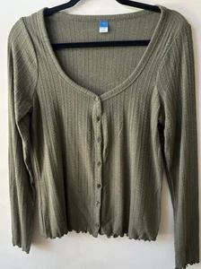 Old Navy Women's Y2K Cropped Fitted Cardigan Size L Olive Green Ribbed Preppy - Picture 1 of 8
