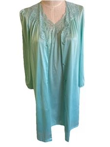2pc Set Vintage Vassarette Nylon Robe Aqua Medium Lace Vtg Nightgown Z64 - Picture 1 of 13