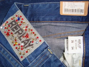 Neu mit Etikett Replay Nieten Crystal Label Boot Cut Denim blaue Jeans hergestellt in RUMÄNIEN Größe 25 x 34 - Bild 1 von 7