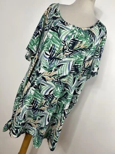 Roamans 1X Shirt Top White Green Tropical Hawaiian Long Tunic Short Sleeve V4 - Picture 1 of 6