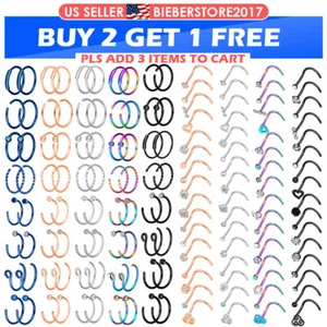 16-32Pcs Nose Ring Stainless Steel Hoop Screw Bar Nose Studs Body Piercing 20G - Picture 1 of 26