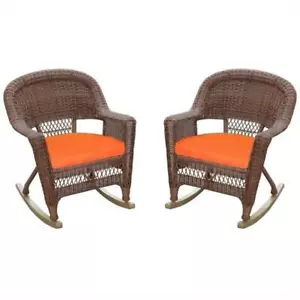 Jeco Wicker Rocker Chair in Honey with Orange Cushion (Set of 2) - Picture 1 of 1