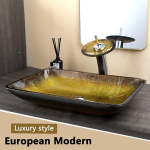 Fregaderos de vidrio para baño rectangulares cuenco de lavabo amarillo con grifo y desagüe - Imagen 1 de 6
