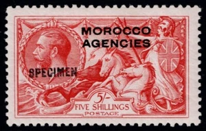1914-31 Morocco Agencies 5/- Seahorse SG 54s SPECIMEN VF LMM Ex Gellatly - Picture 1 of 1
