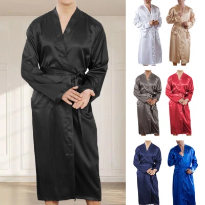 Men Comfort Satin Silk Bathrobe Kimono Pajamas Sleepwear Robe Loungewear - image 1 of 4