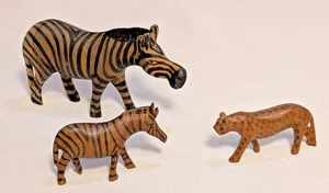 Set of 3 hand carved wild animals zebra leopard African collectible figurines - Picture 1 of 8