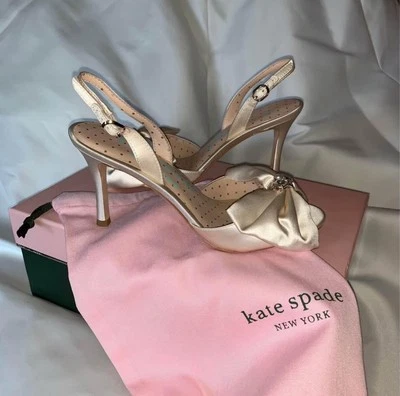 Kate Spade Happily Slingback Pumps Bridal Bow Ivory Satin Stiletto Heel Sandal 9 - Image 1 of 4