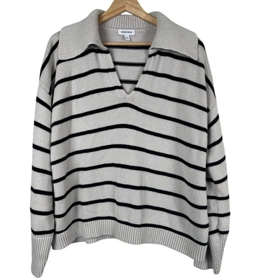 Nordstrom Large Black Stone Stripe Sailor Collar Sweater Cotton Cashmere Coastal - Image 1 of 4