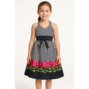 Blueberi Boulevard Halter Dress Girl 4 Sundress Floral Stripe Summer Lightweight - Picture 1 of 6