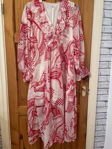 RIVER ISLAND RED WHITE LINED LONG SLEEVE V NECK FLOATY DRESS UK 14 - Picture 1 of 11