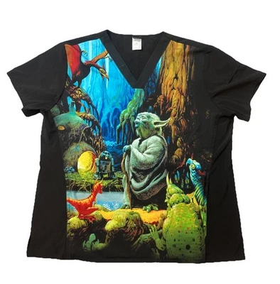 Y2K Star Wars Cherokee Tooniforms Yoda Scrub Top Unisex Size XL All Over Print - Image 1 of 4