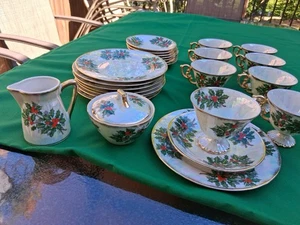 Vintage Ucagco Weihnachten Stechpalme 27 Stück Glanzgeschirr Porzellan Teeservice Goldrand Japan - Bild 1 von 8
