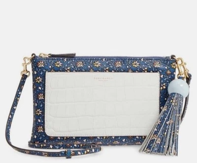 Кожаный конвертер кисточек Tory Burch Colorblock. Клатч через плечо синие дикие анютины глазки - Изображение 1 из 4