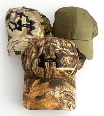 Lot of 3 Under Armour Hats Caps Men's M/L Flex Fit Real Tree, Olive Green & Camo - Image 1 of 4