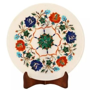12" Elegant White Marble Plate Multi Stone Floral Inlay Art Modern Kitchen Decor - Picture 1 of 8