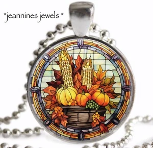 Thanksgiving Harvest Necklace Faux Stained Glass Fall Art Print Silver Charm - Picture 1 of 13