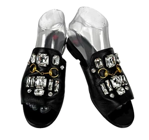 Gucci Auth 8 US 38 EU Black Leather Gold Horsebit Crystals Sandals Shoes Flats - Picture 1 of 11