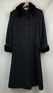 Albert Nipon Vintage Midi Coat Black Wool Faux Fur Collar/Cuff Pockets Size 4P - Picture 1 of 13