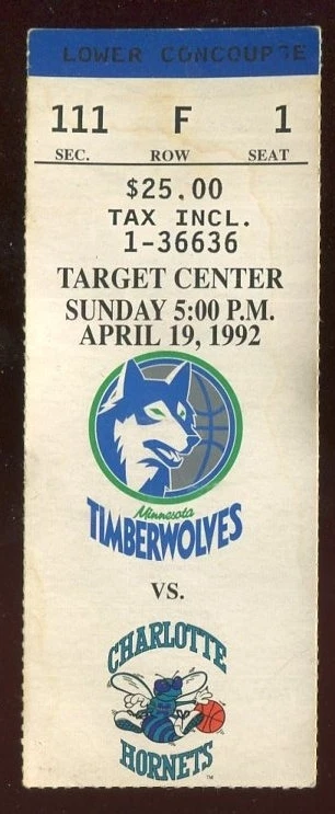 Ticket Basketball Minnesota Timberwolves 1991 - 92 4/19 Charlotte Bobcats - Image 1 of 1
