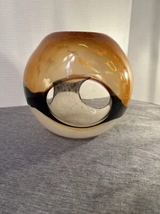 MCM Blown Art Glass Fish Eye Bowl Vase Tortoise Shell Black And White Vintage - Picture 1 of 8