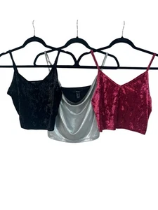 Forever 21 Set of 3 Cami Tank Top Crushed Velvet Crop Red Black & Silver Size L - Picture 1 of 13