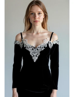 Vintage Cachet Barry Protas Black Velvet & Lace Long Formal Gown Dress Size 9/10 - Image 1 of 4