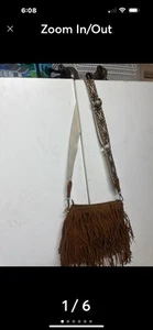 Jen & Co Vegan Sadie Crossbody Boho Brown Fringed Bag With Guitar Strap - Picture 1 of 6