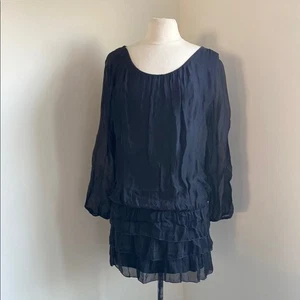 Tiered Silk Mini Dress Womens Sz 4 Black Drop Waist Sheer Sleeve LBD - Picture 1 of 8