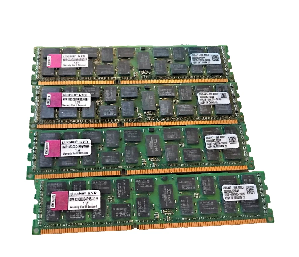 Lot 4 Kingston KVR1333D3D4R9S/4GEF 4GB DDR3-1333MHz ECC Reg CL9 Dual Rank Memory - Image 1 of 1