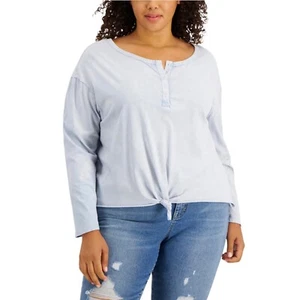 Rebellious One Womens Plus Size 2X Dusty Blue Tie-Hem Snap Henley Top NWT - Picture 1 of 6